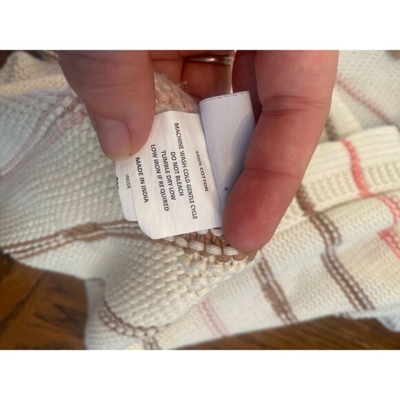 Cotton Throw Blanket With Textured Dot Pattern & Stripes Soft Cream Pink & Brown - Picture 4 of 6